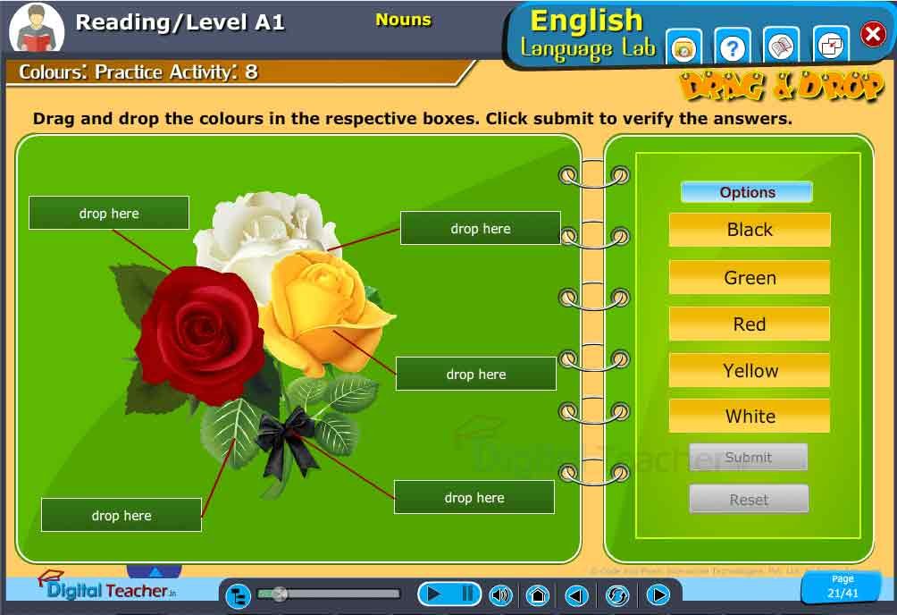 Digital Teacher conducts activities on colours with easy way in online like and drag & drop.
