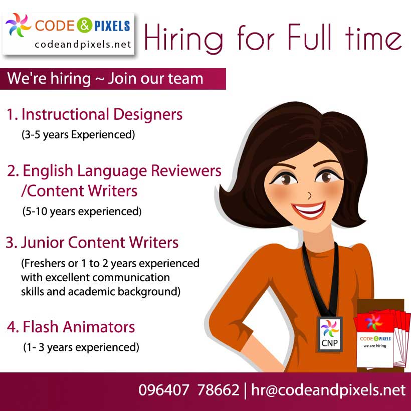 Code and Pixels hiring - Instructional designers, English language Reviewers & Junior Content Writers