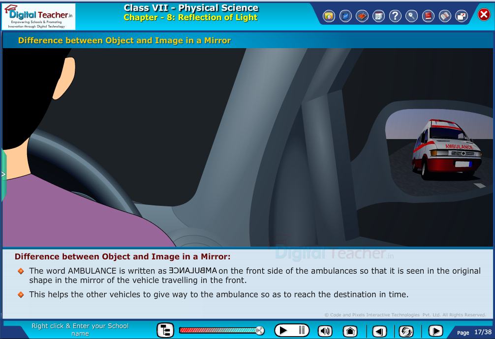Digital teacher smart class explains about the difference between object and image in a mirror