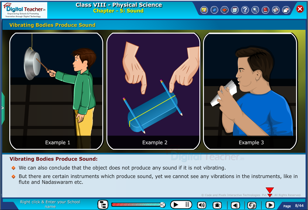 Digital teacher smart class explains about vibrating bodies produce sound